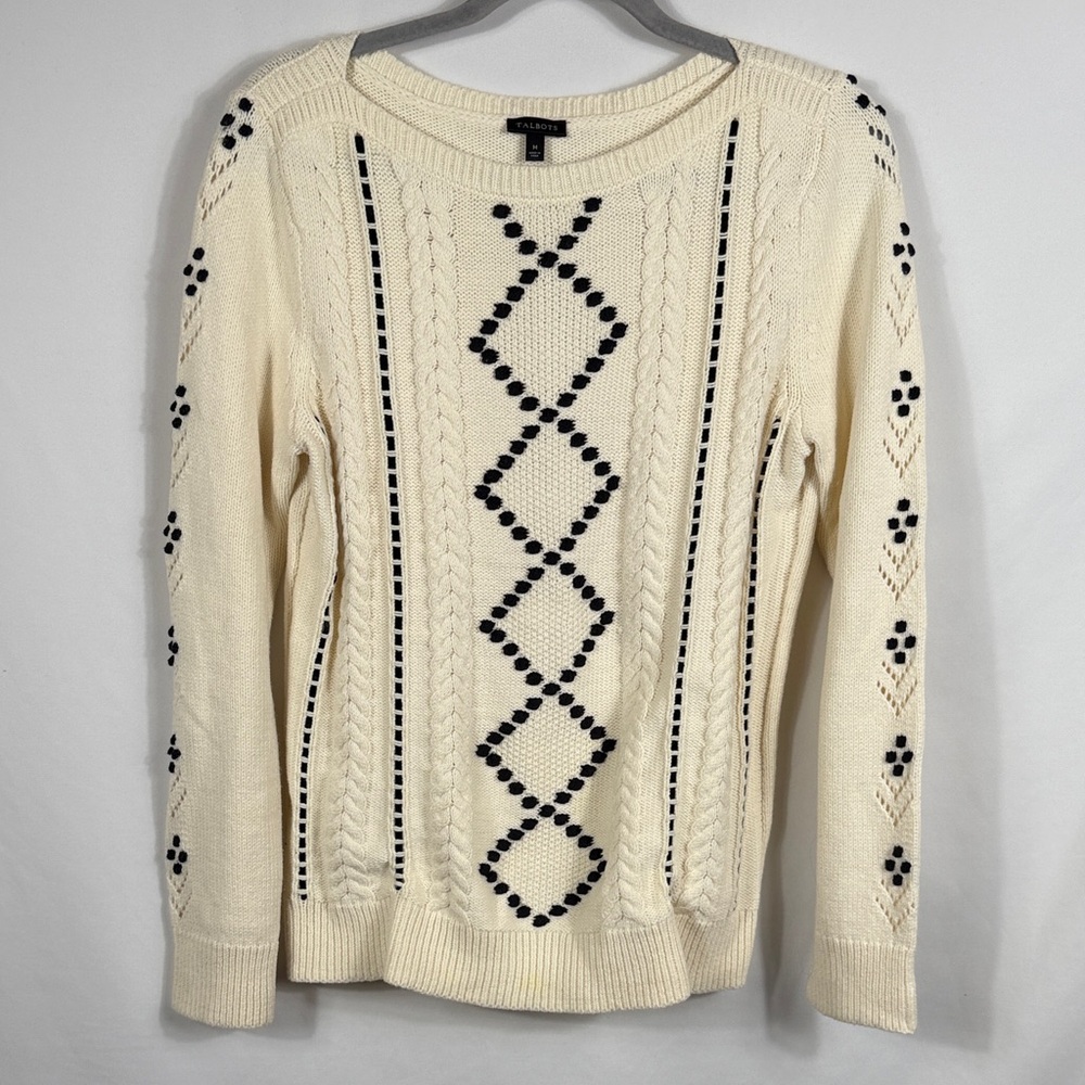 Talbots Cream and Black Ribbon‎ Woven Boat Neck Knit Sweater. Womens Size M